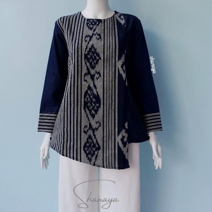 ((TERMURAH)) Shanaya Batik Blus Tenun Troso Ori Kombi Toyobo Warna Navy Blouse Batik Kerja Cantik