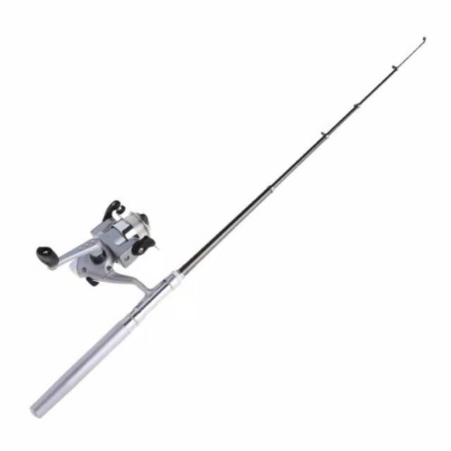 Pen Fishing Rod Pole Reel + Line Silver Portable