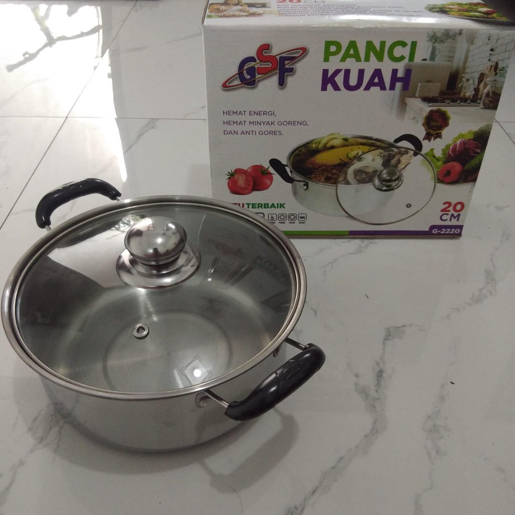 PANCI KUAH 20CM GSF G-2220 / PANCI KUWAH 20 CM / PANCI UK 20CM TUTUP KACA BAHAN STAINLESS STEEL / PANCI SOP GSF / PANCI GSF 2220 / GSF G 2220 / GSF G-2220