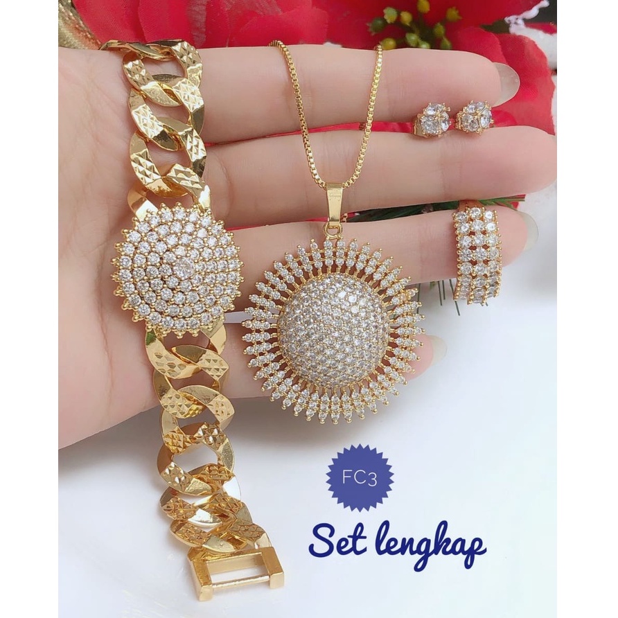 (FEB) Set Perhiasan Lapis Emas Aksesoris Xuping Gelang Rantai Besar Sisik Naga Plat Permata Bulat Ci