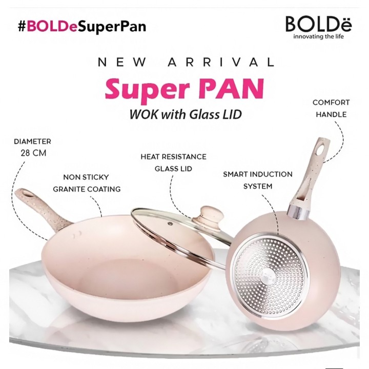 BOLDe SUPERPAN WOK PAN GLASS LID 28 CM - Panci Penutup Kaca Granite Coating