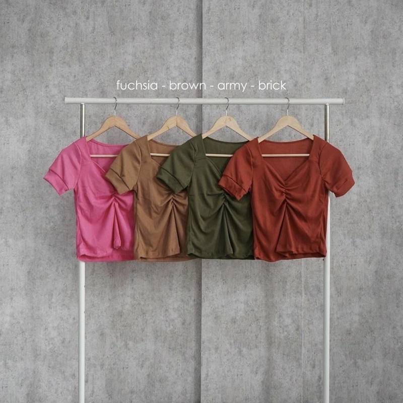 LESYA TOP BAJU ATASAN BLOUSE WANITA BAHAN RIB RAJUT KNIT LENGAN PENDEK V NECK VNECK V-NECK POLOS GREEN LATTE GREY WHITE BLACK FUCHSIA BROWN ARMY BRICK TERRACOTA BATA LAVENDER PURPLE PINK LIGHT GREEN TEA PASTEL GREEN DARK BLUE-7