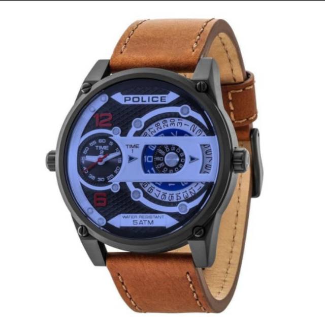 Jam Tangan Pria Police 14835 Leather Dual time Original