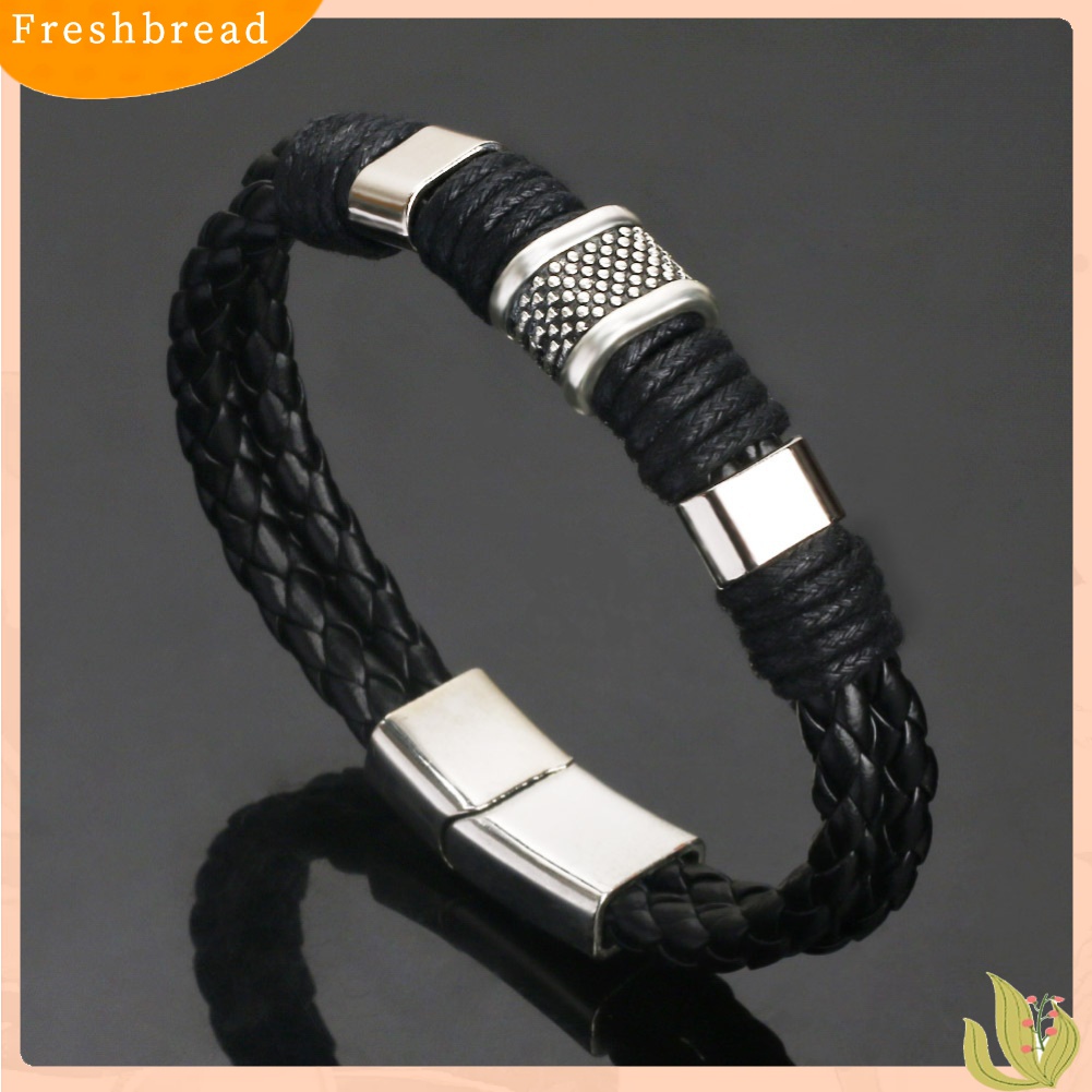 [TERLARIS]Fashion Mens Dual Layer Braided Faux Leather Magnetic Clasp Wrist Bracelet Gift