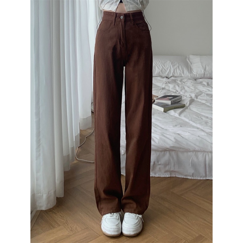 XIAOZHAINV Korean Style High Waist Celana Jeans Wanita Cokelat 8604