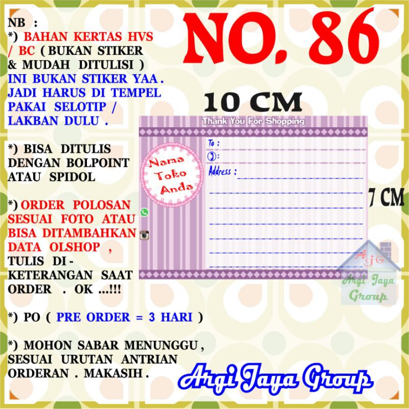 

Label Pengiriman Alamat Olshop Murah Nomer 86 - 10x7cm - Kertas BC (Manila)