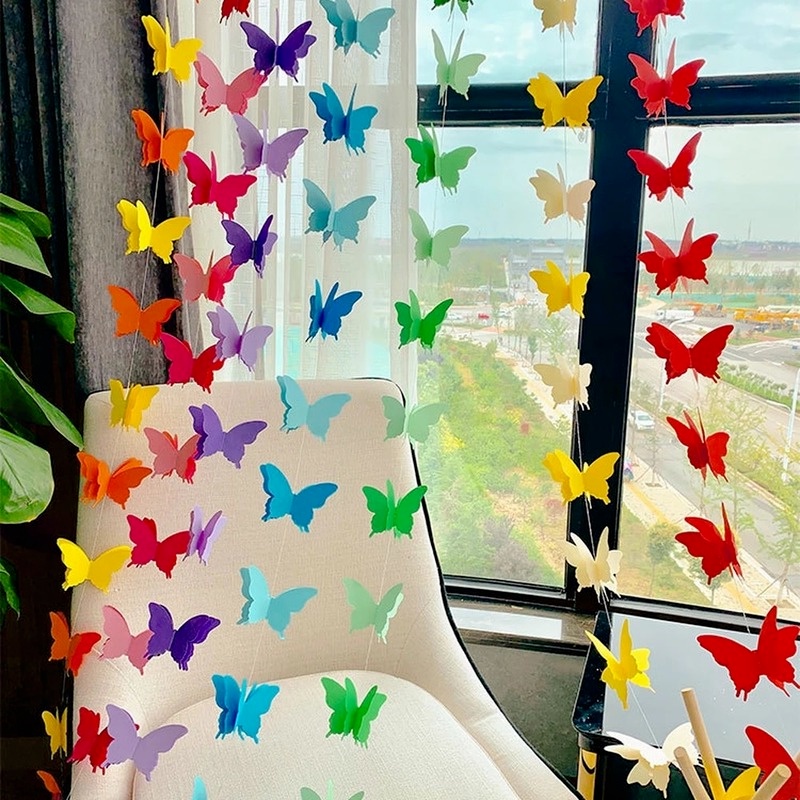 3D Colorful Paper Butterfly Garland Pull Flower Ornament Decoration For Birthday Party Supplies