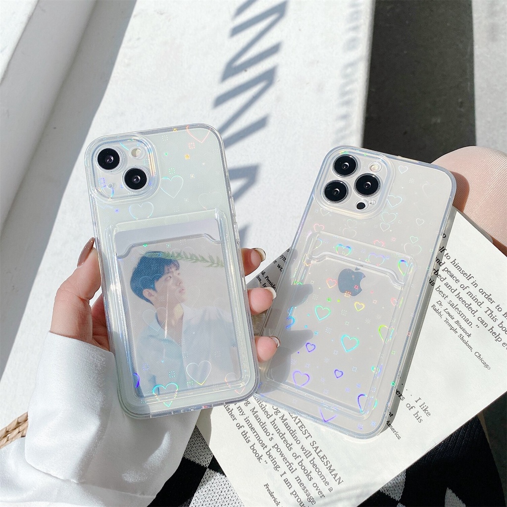 Soft case Transparan Motif Hati Laser Untuk iPhone 14 Pro max 13 Pro max 11 12 Xr 6 7 8 Plus X Xs max Se 2020