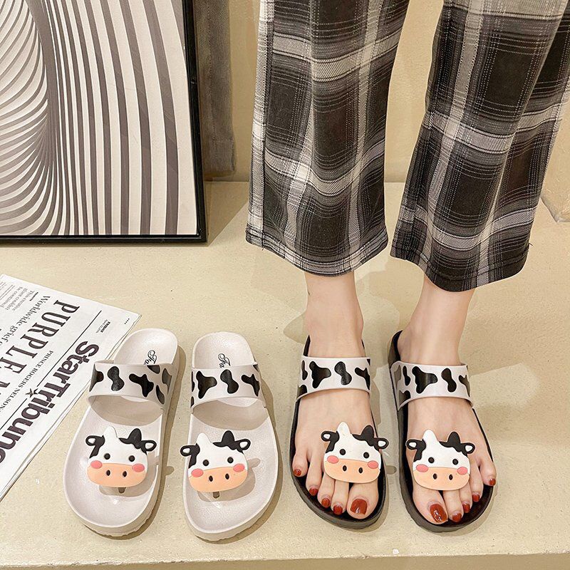 [ COD ] [ PAKAI DUS SEPATU ] PROMO SANDAL PVC WOMAN MOTIF MOO MOO HITAM PUTIH IMPORT KEKINIAN SENDAL KARET PVC SANDAL SLOP SLIP CEWEK SAPI