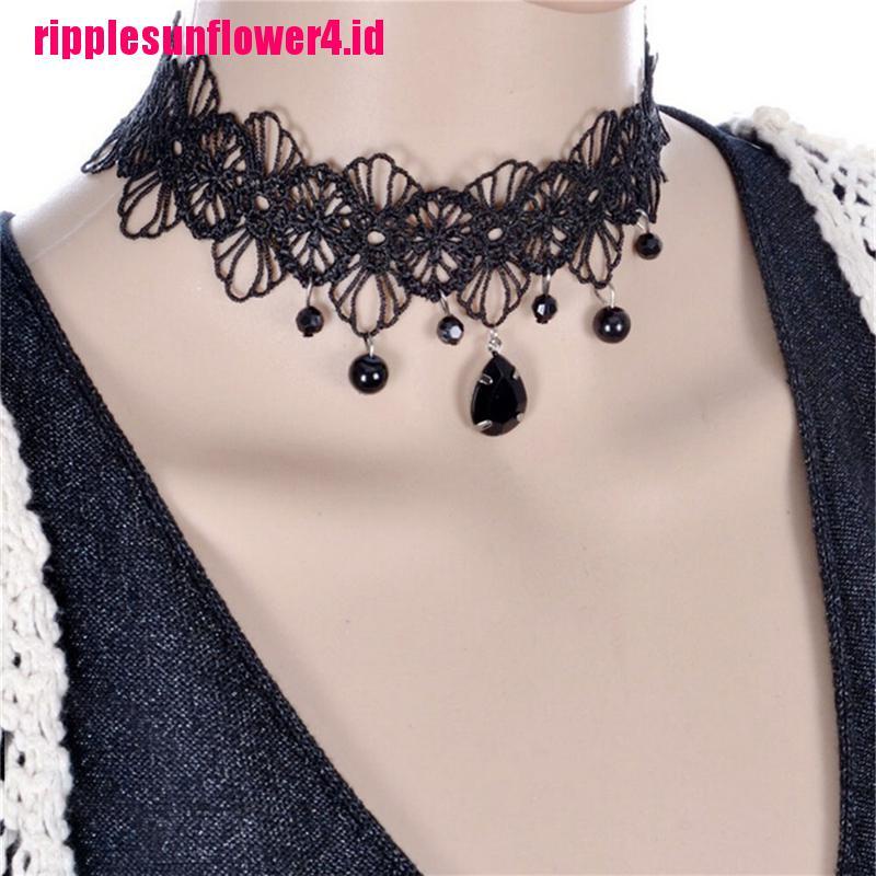 Kalung Choker Bahan Lace Motif Bunga Warna Hitam Gaya Gothic Retro