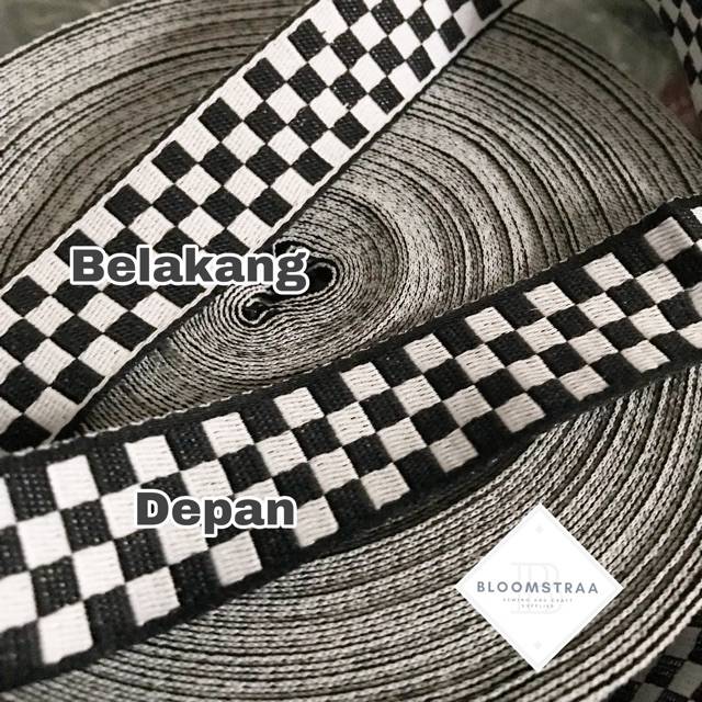 Webbing catur tali kain kotak hitam putih pita checkerboard tali sendal tali celana catur trackpants