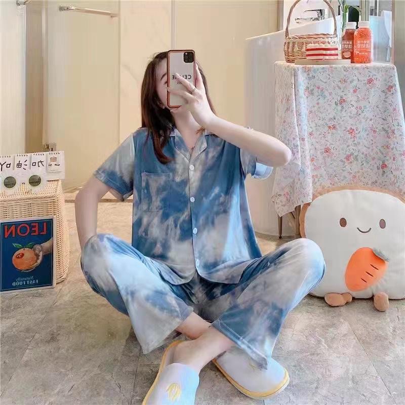 JC- PIYAMA SET Import CP / Piyama wanita Import terbaru / Piyama Import Korean Style-DyeAbstrak Blue CP
