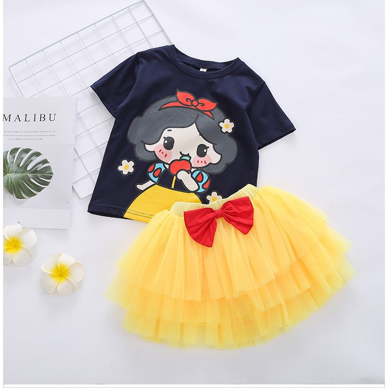 Setelan Anak Perempuan Kaos dan Rok Tutu Pita Princess Frozen Elsa Ariel Mermaid Snow White Import