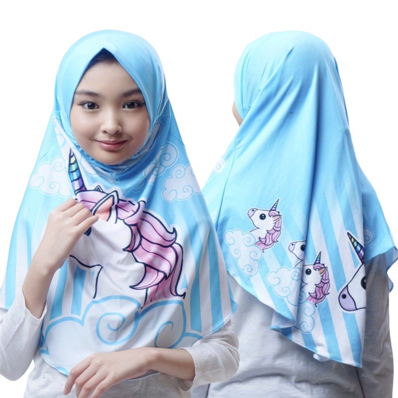 BERGO HIJAB INSTANT ANAK PRINTING MOTIF UNICORN AWAN BIRU LANGIT / HIJAB INSTANT KARAKTER LUCU