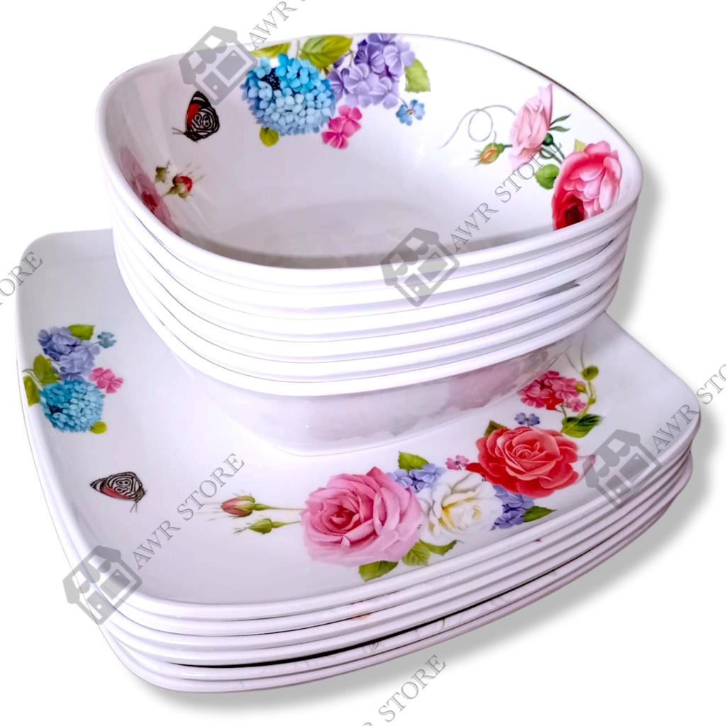 1 SET ISI (6PCS) PERALATAN MAKAN ISI 3PIRING PERSEGI 3MANGKUK MELAMIN ASLI SINGA SINGI TEBAL TAHAN LAMA DIAMETER PIRING 23CM UKURAN MANGKUK M - PIRING SAJI SEBAGUNA - PIRING HIAS-8