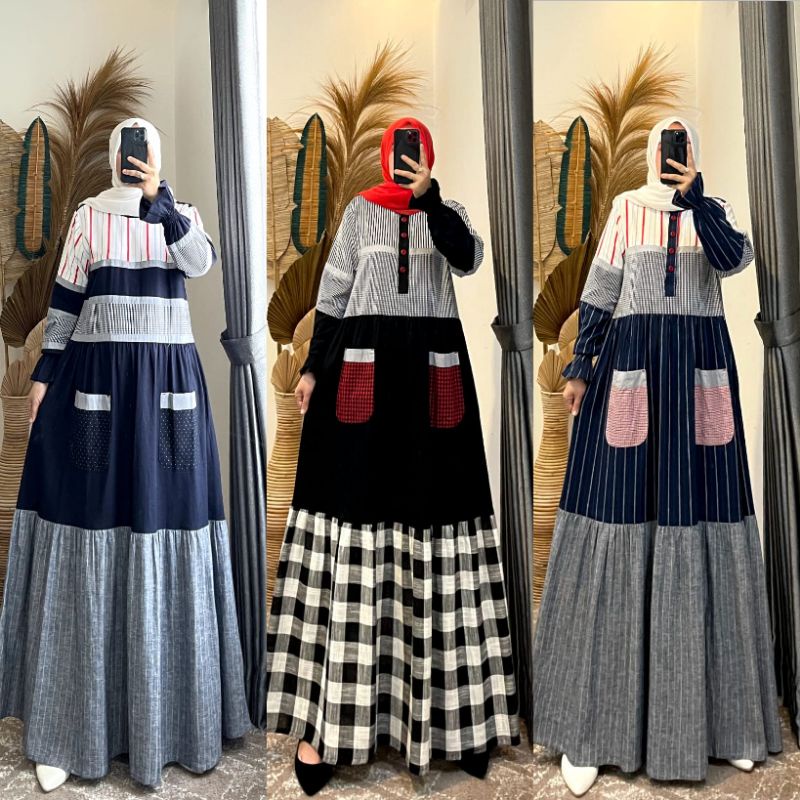 Gamis Katun Kombinasi Premium Original Syaina By Semut / Dress Muslim Wanita Terbaru / Pakaian Wanit