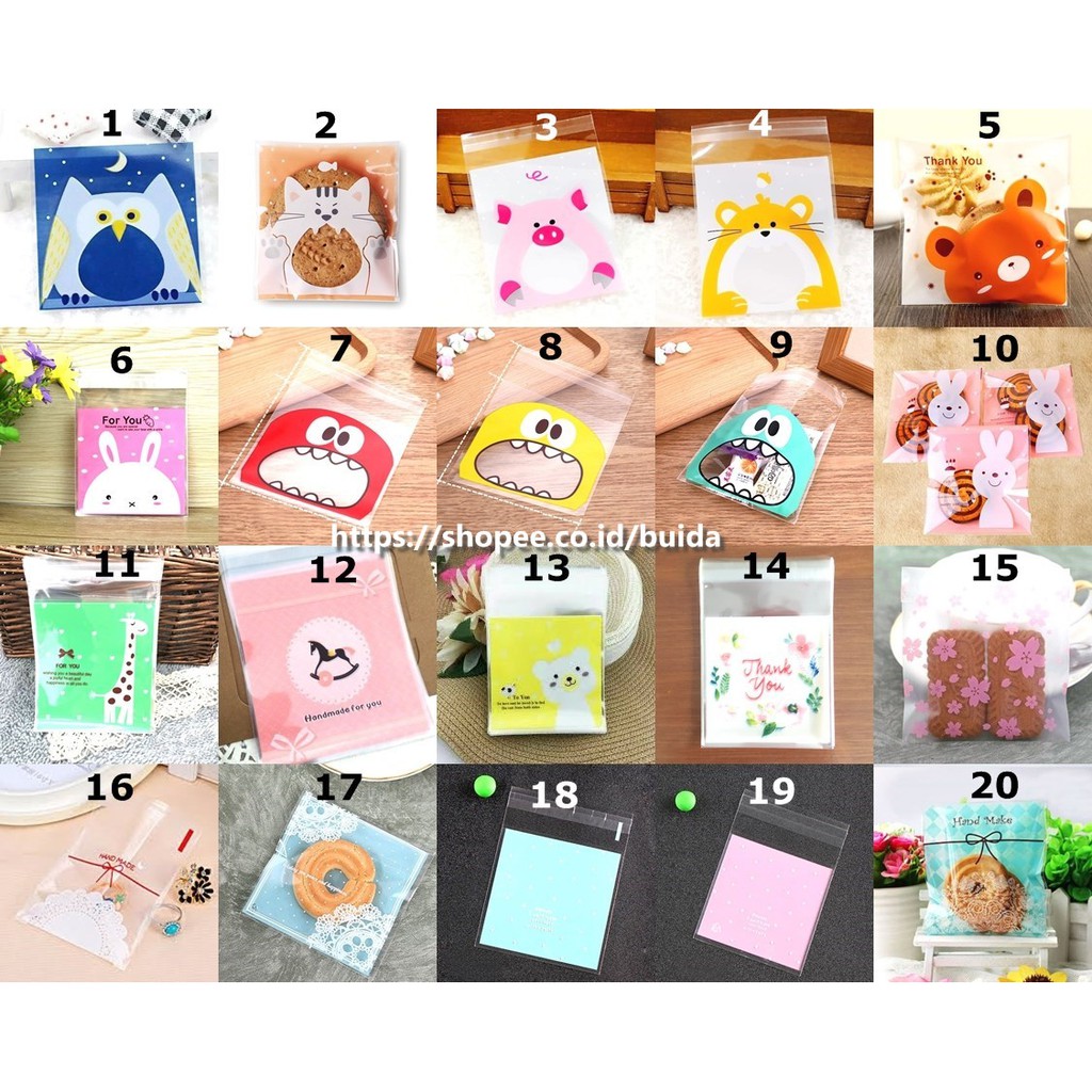 

1 Pack=100pcs Plastik Kue Cake Candy Souvenir Aksesoris Cookies Bag OPP Fancy Motif ukuran 7x7 10x10