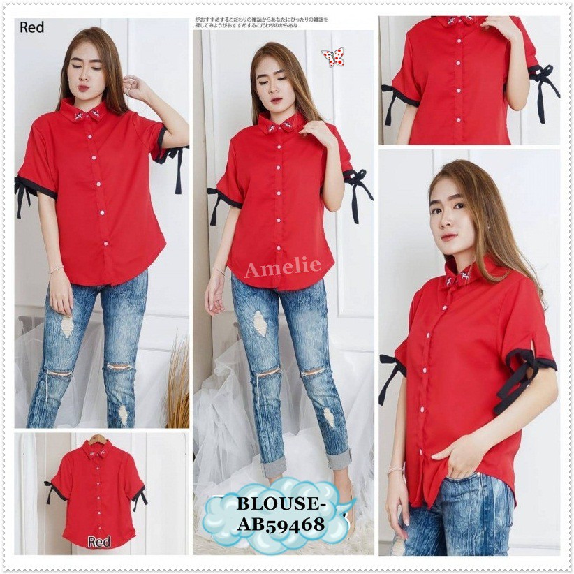 [baju wanita korea]  Baju Atasan Kemeja Lengan Pendek Wanita Korea Import Merah