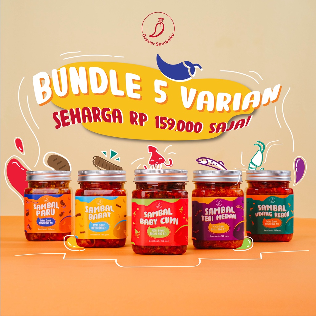 

Bundle Semua Varian (Sambal Baby Cumi, Sambal Teri Medan, Sambal Udang Rebon, Sambal Paru, Sambal Babat) Kemasan 150 gram Dapoer Sambalku