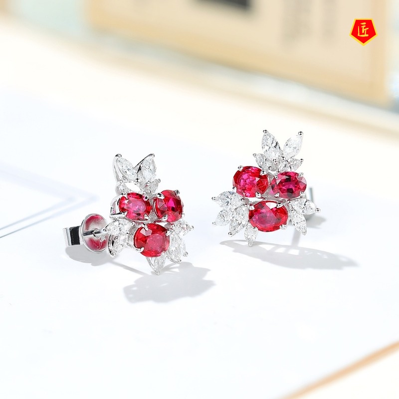 [Ready Stock]18K White Gold Ruby Stud Earrings Luxury Sapphire