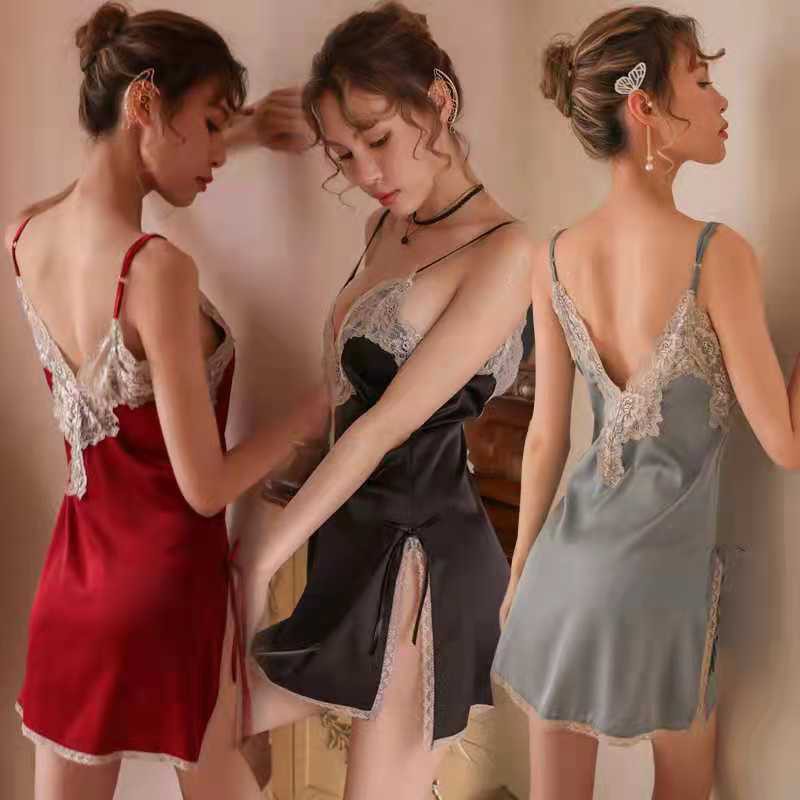 Longnight sexy lingerie sexy baju tidur 006 IMPORT Lingerie Satin Sling Dress dengan Renda Lingerie Wanita Baju Tidur Sexy