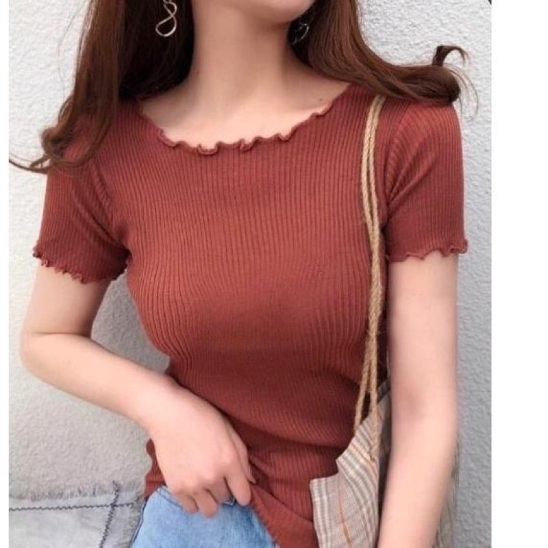 Tshirt Rajut Crop Kriwil | Rajut Crop Wanita Lengan Pendek