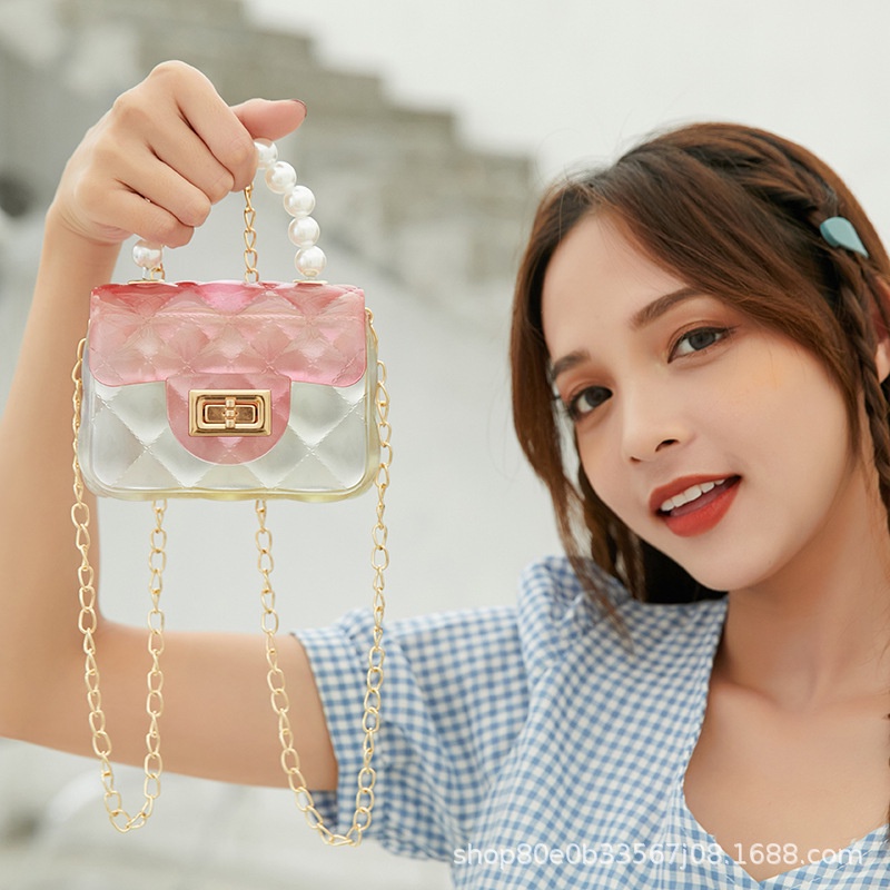 Transparan Jelly Tas Wanita Bag Bahu Selempang Gold Chain