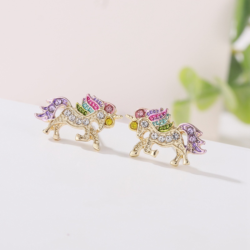 Fancyqube Anting Stud Desain Hewan Unicorn Aksen Kristal Warna-Warni Untuk Wanita