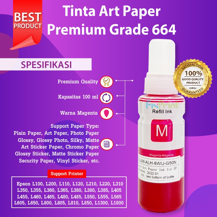 Tinta Art Paper 100ml Artpaper Epson L120 L121 L555 L565 L800 L805 L810 Black Cyan Magenta Yellow