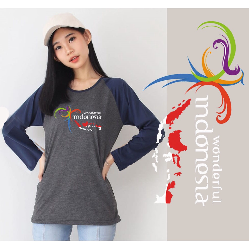 Kaos Raglan Abu Tua Lengan Panjang Gambar Wonderful Indonesia