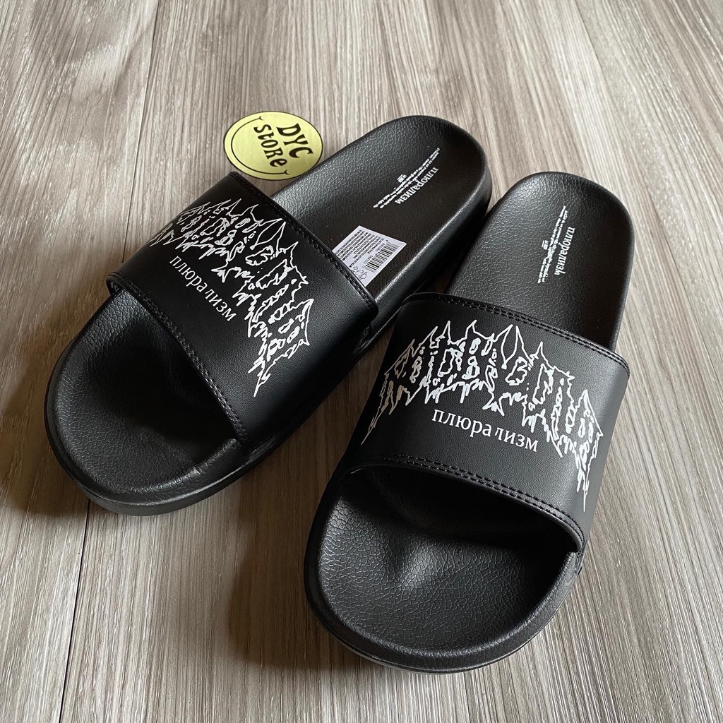 SANDAL SLIDE SLOP SLIPPER UNISEX ORIGINAL NOTBADCLUB spesial SERIES OF SPICTURAM DARK art BLACK WHITE POCKET | SENDAL HITAM PRIA WANITA