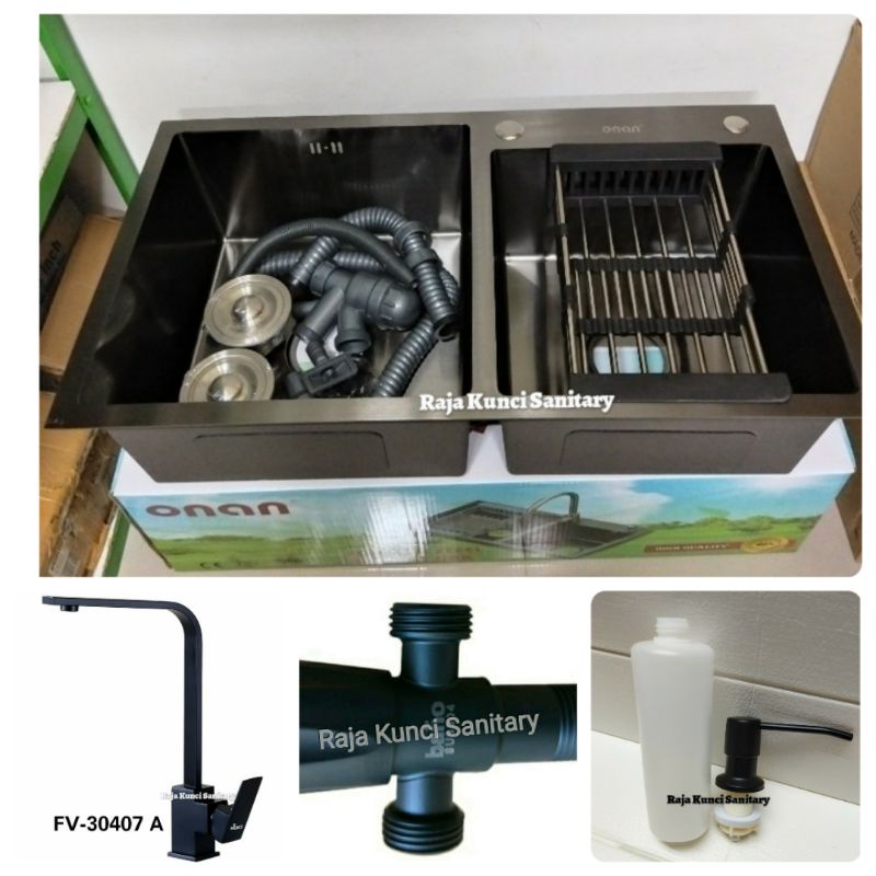 Paket Lengkap Kitchen Sink Onan 8245 Hitam Black + Kran Kotak Segi Panas Dingin Hitam Black/Stainless