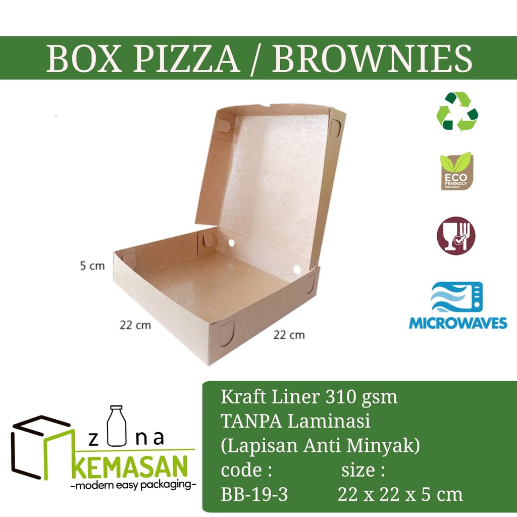 

BOX DUS KARDUS KOTAK PIZZA ROTI KUE BROWNIES 22x22x5 cm KRAFT 310 gsm