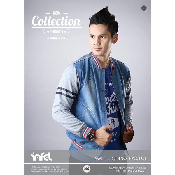 jaket pria jeans kombinasi fleece jaket varsity bomber baseball distro terbaru keren INF original