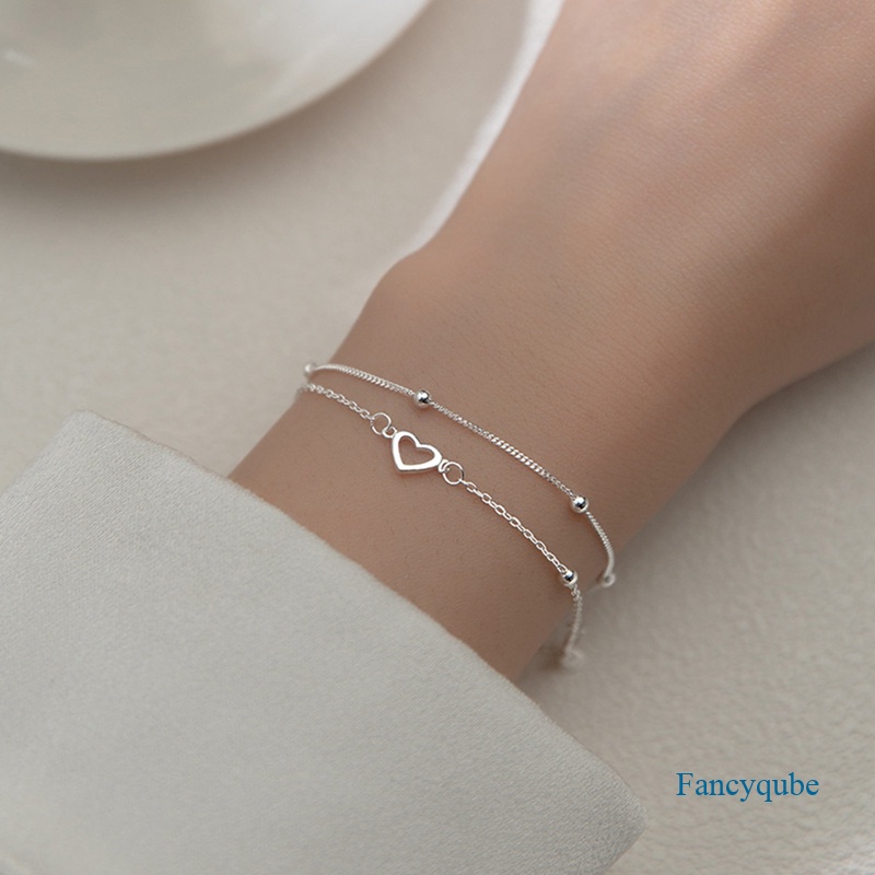 Gelang Wanita Model Lapis Ganda Warna Silver Bentuk Hati Untuk Pesta Ulang Tahun Pernikahan