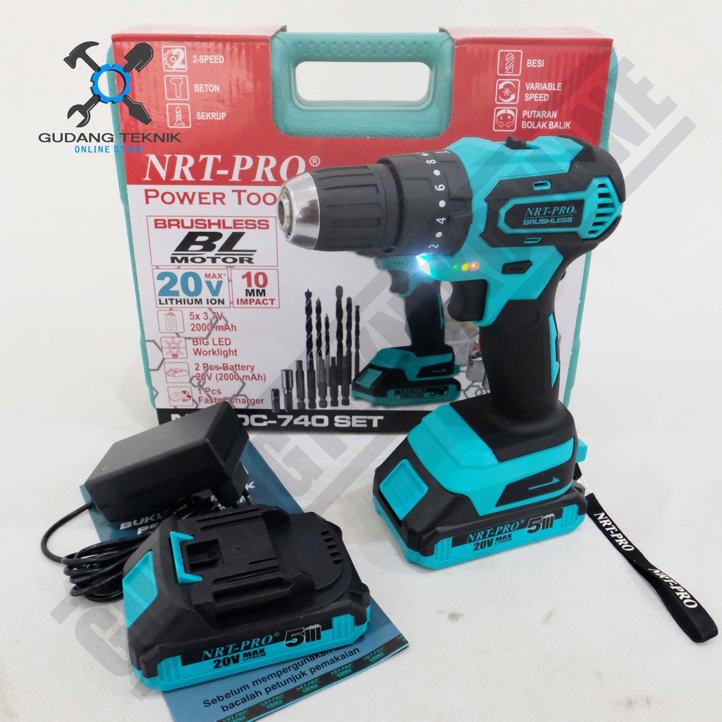 NRT 740DC Set BRUSHLESS Cordless Drill Mesin Bor Baterai Impact Drill 20V DC-740 Bor Tembok Beton 10mm NRT DC 740