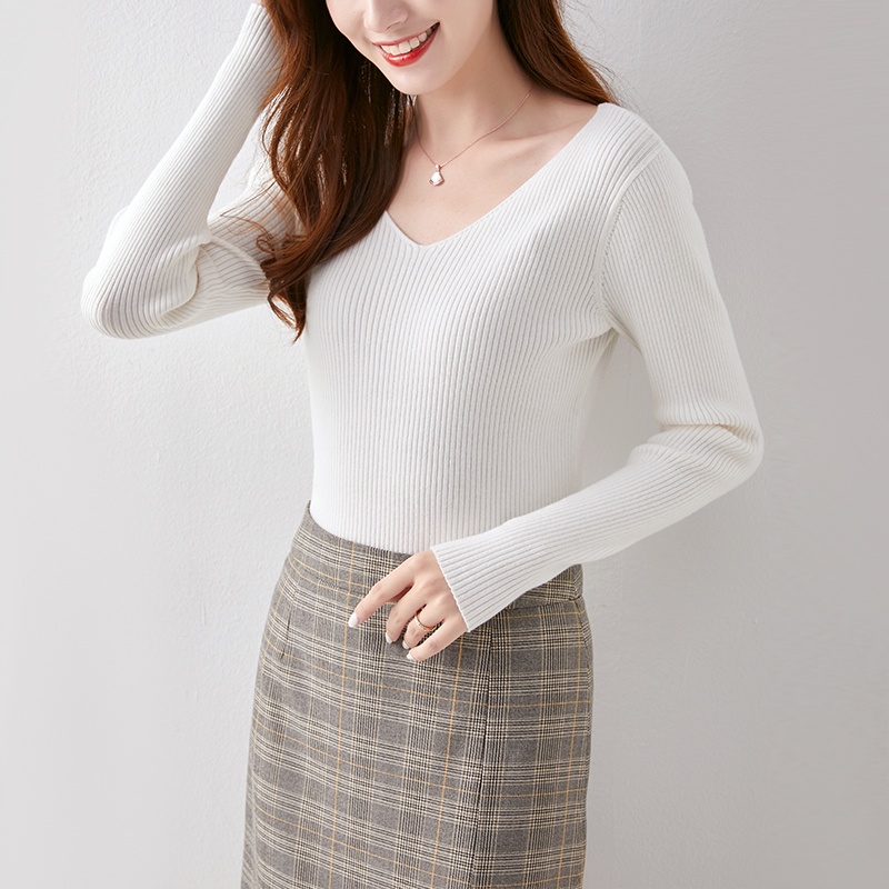 【Elegant】Korean Solid Rib Knit V Neck Sweater E087