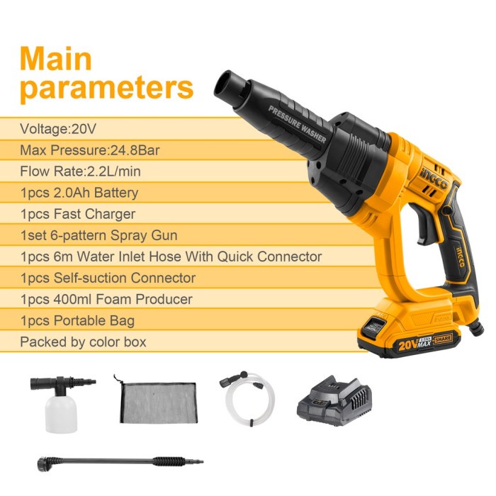 Jet Cleaner Cordless 20V (25Bar) Cuci Steam Mobil INGCO CPWLI20082