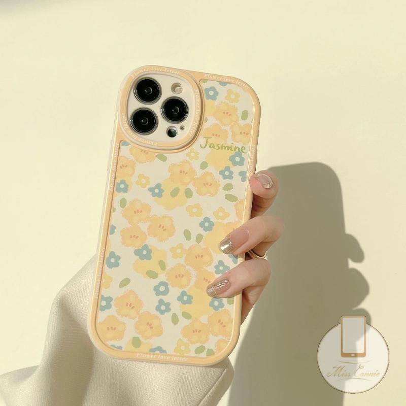 IPHONE Ins Fashion Retro Bunga Kuning Casing Ponsel Kompatibel Untuk Iphone11 7 8 Plus 12 13 11 14 Pro Max X XR XS Max 6 6s 7Plus 8Plus SE 2020 Plus Perlindungan Lensa Oval TPU Lembut Full Cover