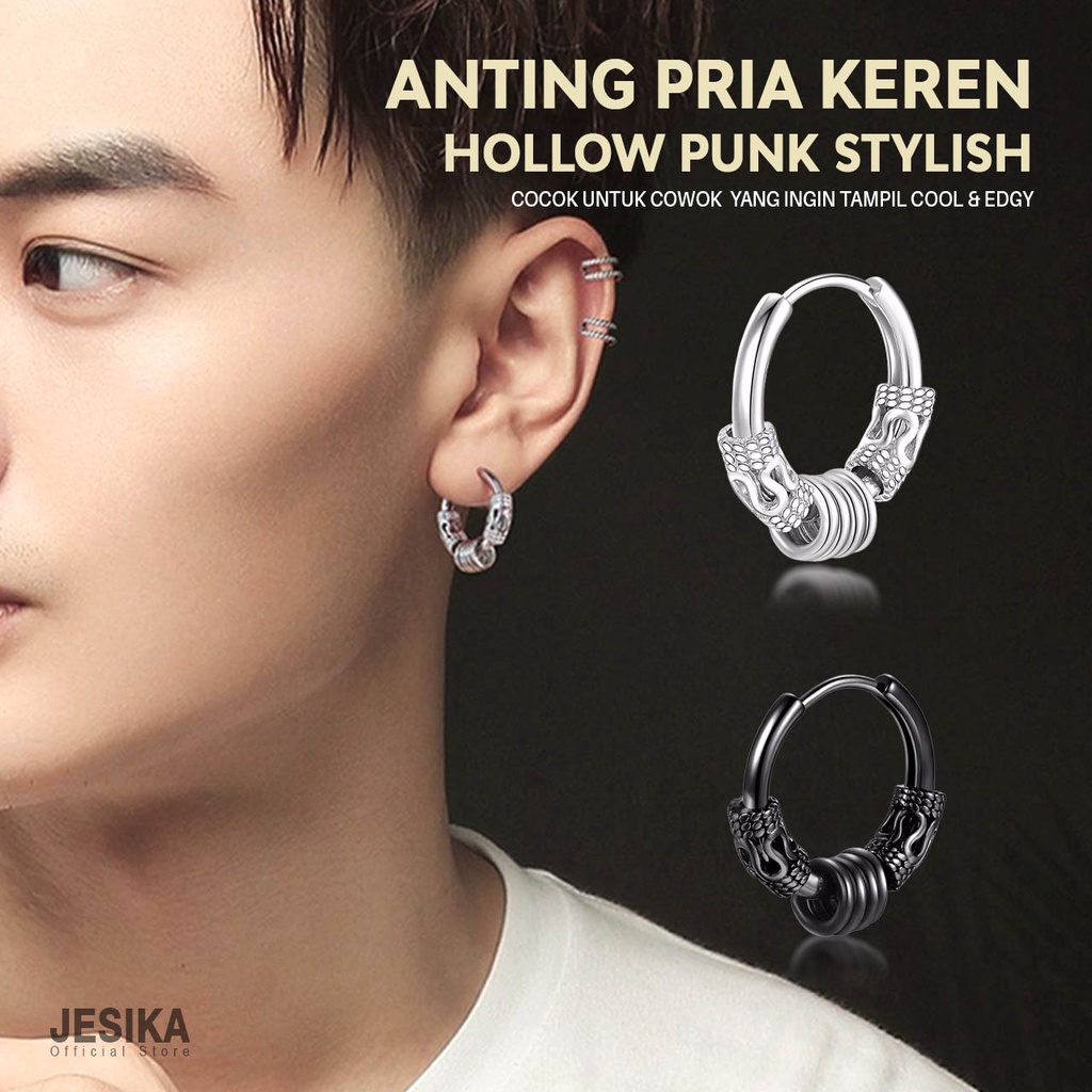 Anting pria korea model klip gipsy hoop ring circle kecil giwang fashion lingkaran keren motif hollow punk round unik simple bahan stainless steel warna hitam silver