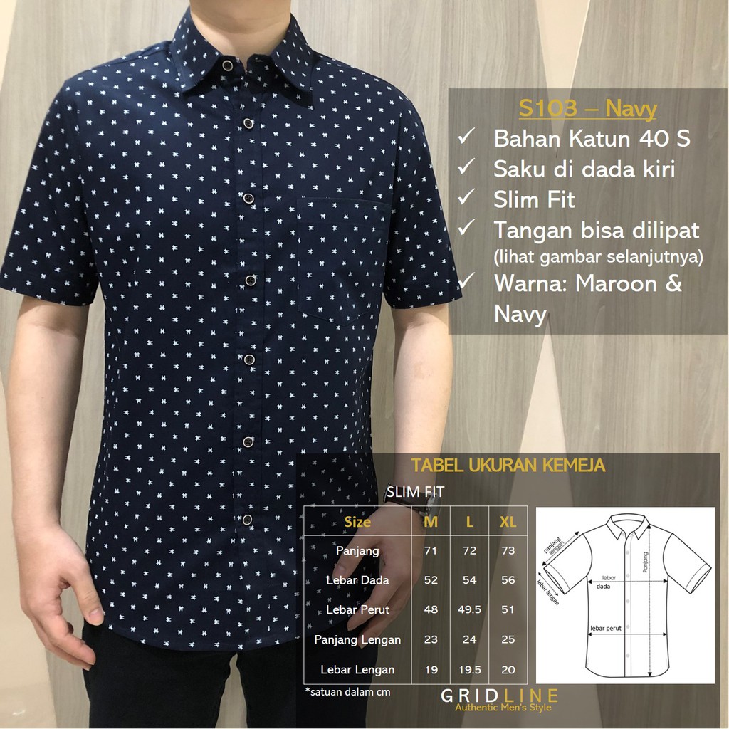 [GRIDLINE - S335 Spider - S304 Blue - S103 Navy] Kemeja Print Pria Lengan Pendek Slimfit FULL KATUN