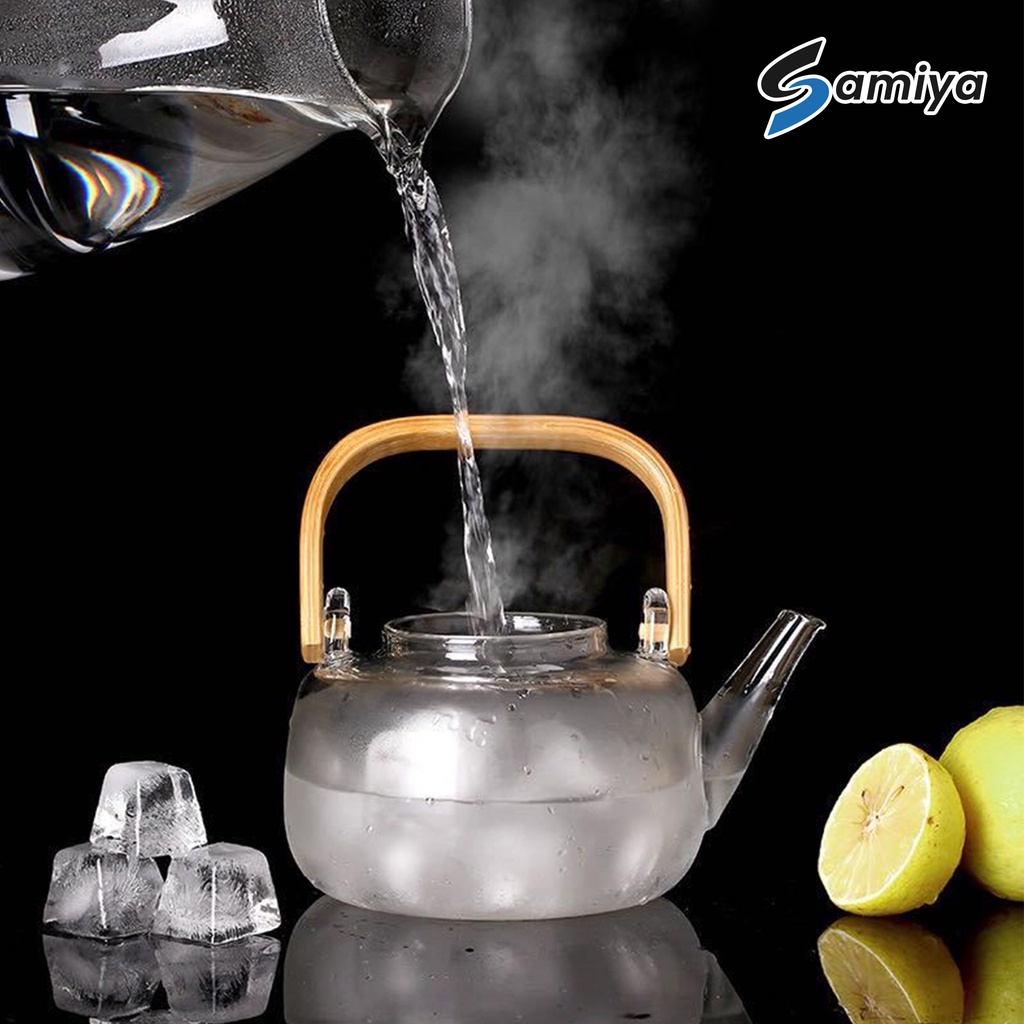 teapot glass bamboo handle heat resistant / teko teh ceret kaca gagang bambu tahan panas dingin