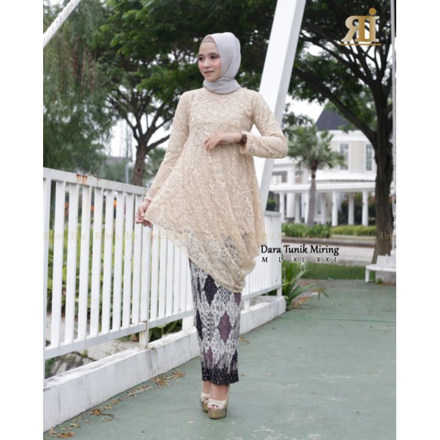 IndahKebaya | SETELAN KEBAYA MODERN / KEBAYA  TUNIK BROKAT MODEL MENCENG / CREM HIJAU BOTOL GOLD ABU