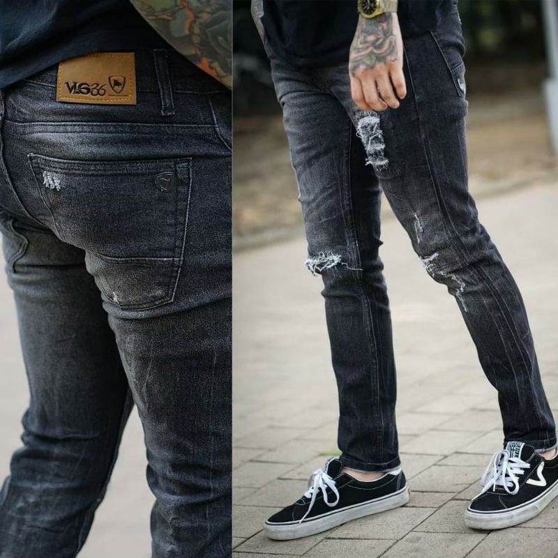 Celana Jeans Ripped/Sobek Scrub Pria/Cowok Hitam Scrub Ripped Jeans