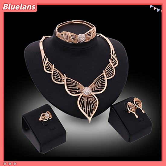 Bluelans Set Perhiasan Kalung Gelang Cincin Anting Lapis Emas Model Rongga