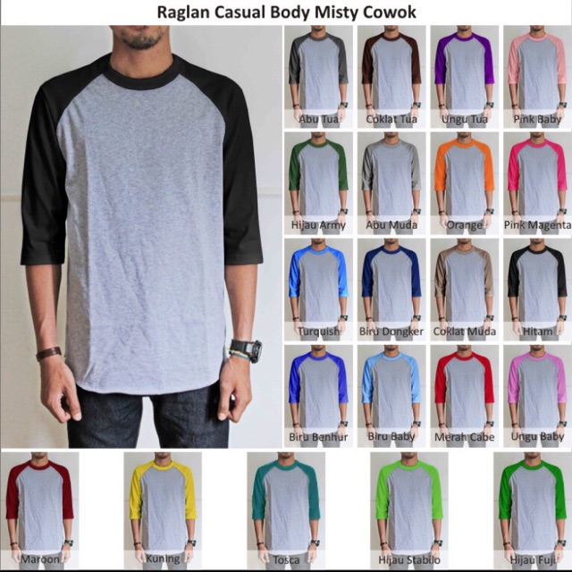 Raglan cowok cewek(unisex) tangan 3/4 badan misty tangan warna