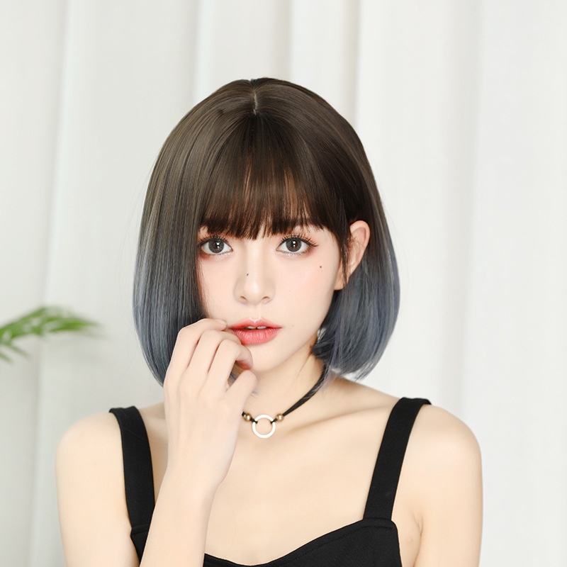 WDA-22 wig daily lolita jepang gradasi abu gray rambut palsu lurus pendek bob hitam