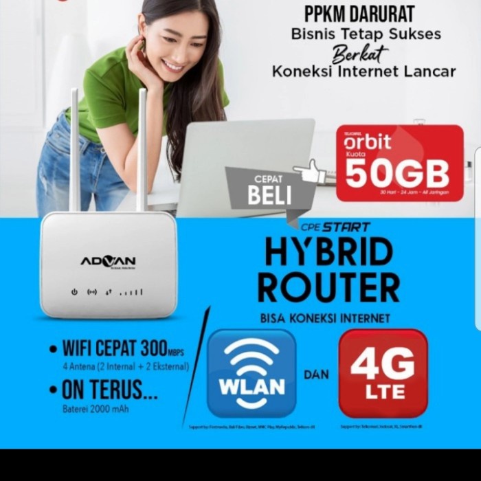 Modem router Advan CPE start wifi 4G Lte+ free telkomsel orbit 50gb