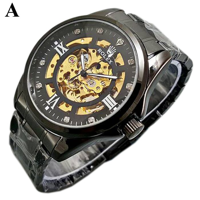 LIMITED EDITION JAM TANGAN PRIA ROLEX FULL BLACK RANTAI HITAM AUTOMATIC SKELETON BESAR MURAH