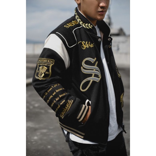 Varsity Jacket Premiun Black Gold - Jaket Baseball Varsity Fleece Cotton Full Bordir